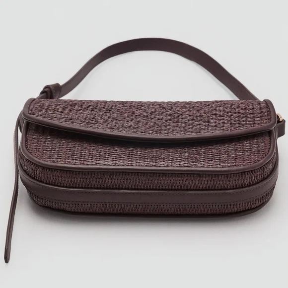 mango raffia shoulder bag with flap in chocolate nwt